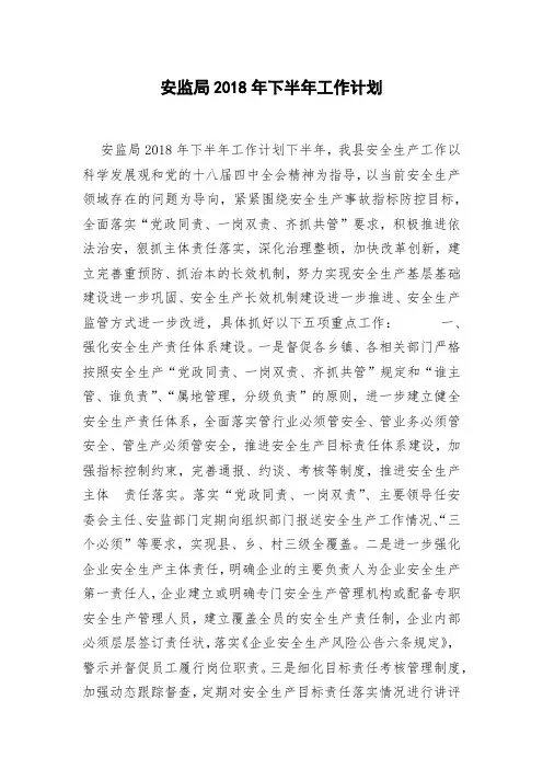 安监局2018年下半年工作计划