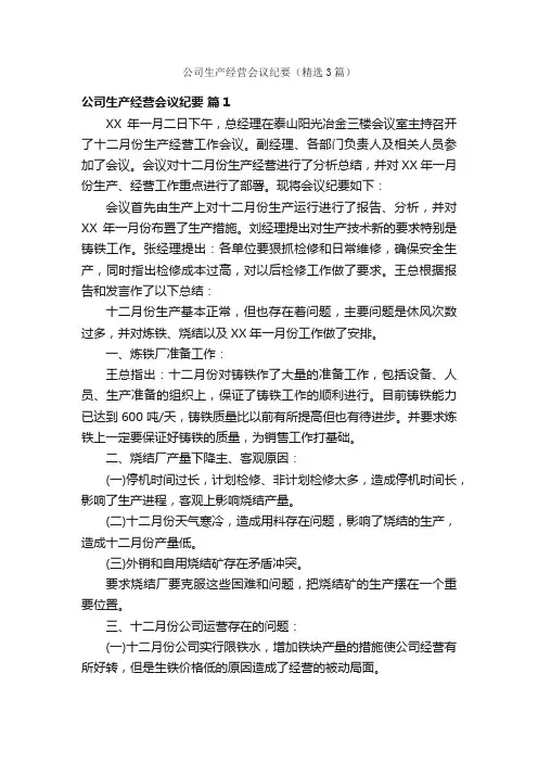 公司生产经营会议纪要（精选3篇）
