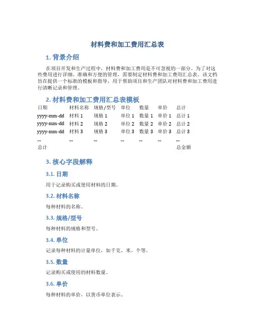 材料费和加工费用汇总表