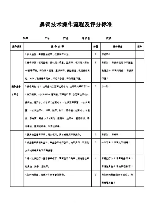 鼻饲技术操作流程及评分标准