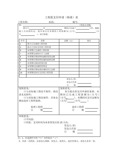 工程款支付申请(核准)表
