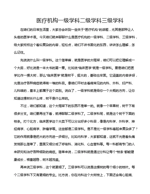 医疗机构一级学科二级学科三级学科