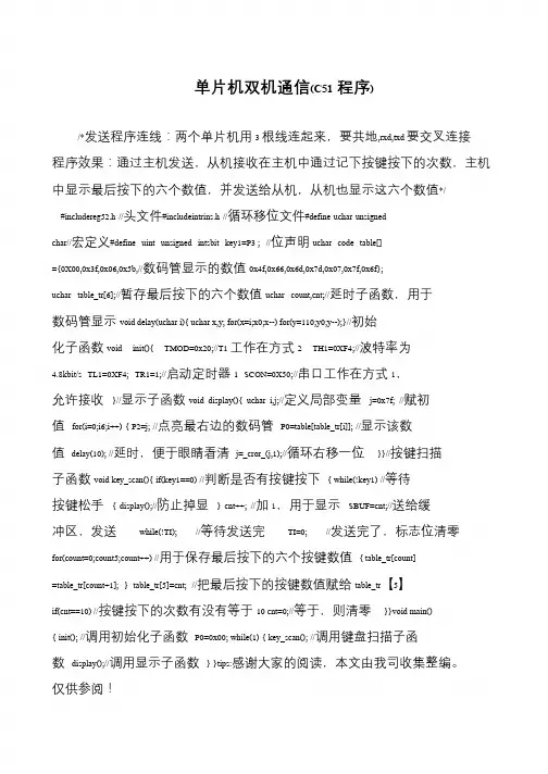 单片机双机通信(C51程序)