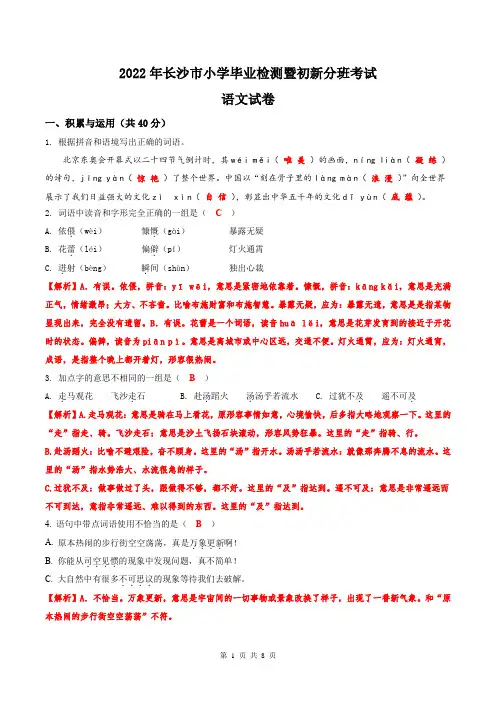 长沙市2022年部编版小升初考试语文试卷(解析版)
