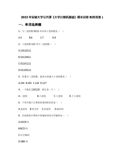 2022年安徽大学公共课《大学计算机基础》期末试卷B(有答案)