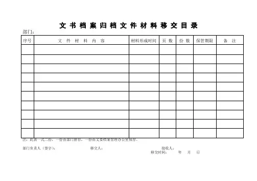 文 书 档 案 归 档 文 件 材 料 移 交 目 录