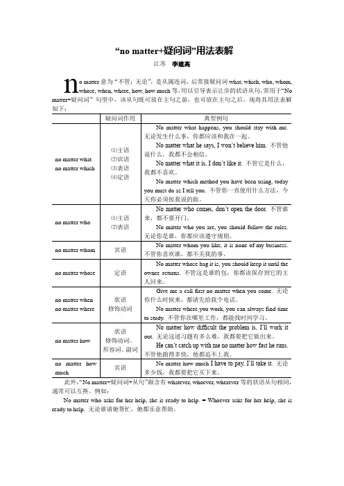 “no matter+疑问词”用法表解