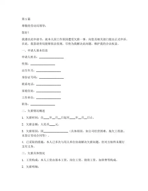 劳动局欠薪申请书模板(3篇)