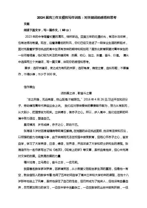 2024届高三作文模拟写作训练：对关键词的感悟和思考