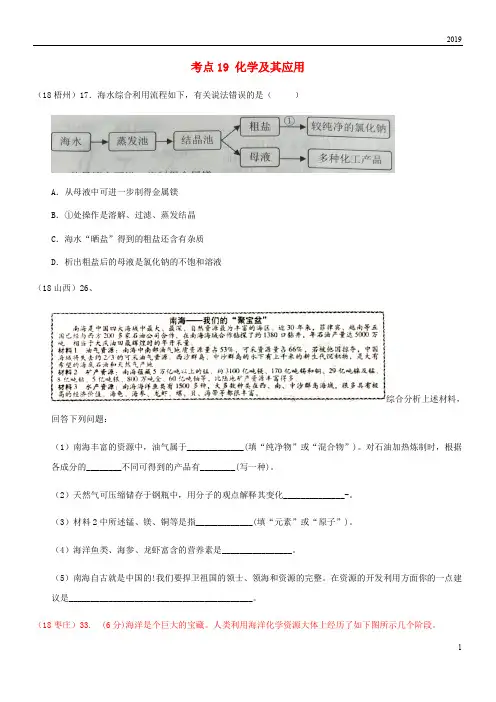 2019中考化学真题分类汇编 4 化学与社会发展 考点19 化学及其应用 资源 海洋资源(无答案)