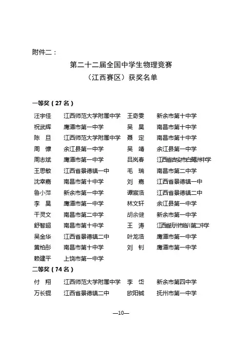 二第二十二届全国中学生物理竞赛(江西赛区)获奖名单
