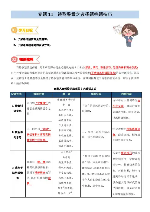 专题11  拓展讲义：诗歌鉴赏之选择题答题技巧-2023年初升高语文无忧衔接(统编版)(原卷版)