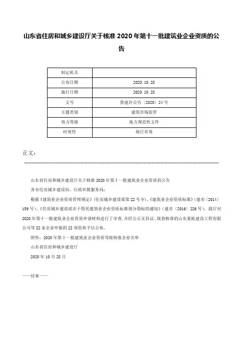 山东省住房和城乡建设厅关于核准2020年第十一批建筑业企业资质的公告-鲁建许公告〔2020〕24号