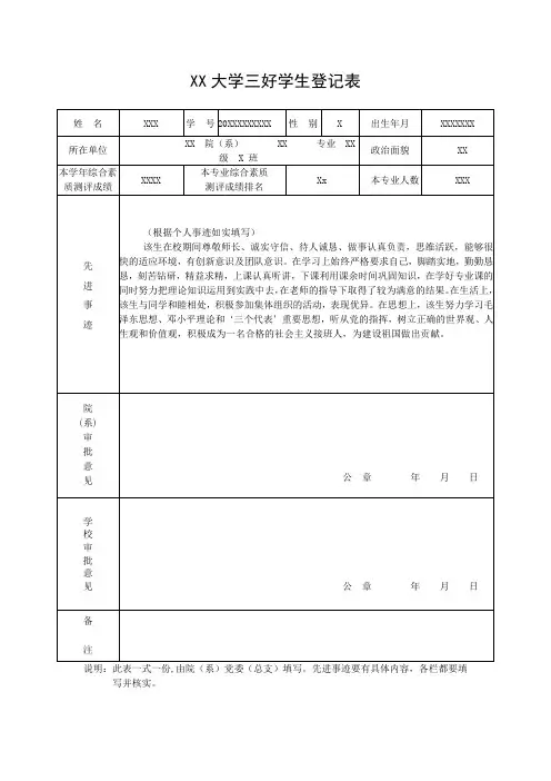 大学三好学生登记表(样表)