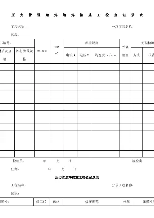 压力管道焊接现场施工检查记录表格