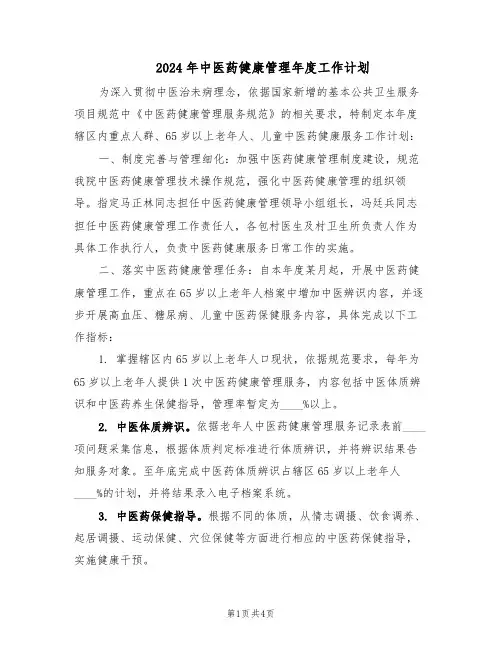 2024年中医药健康管理年度工作计划（二篇）