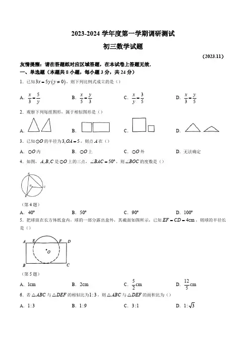江苏省淮安市淮阴区2023-2024学年九年级上学期期中数学试题(含答案)