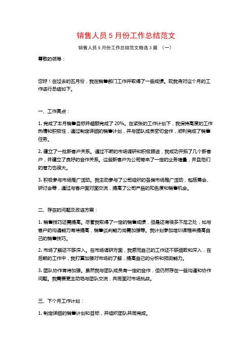 销售人员5月份工作总结范文3篇