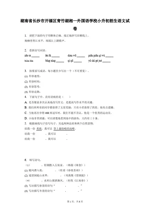 最新整理湖南省长沙市开福区青竹湖湘一外国语学校小升初招生语文试卷和答案解析