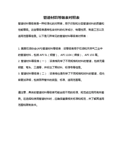 管道材料等级表对照表