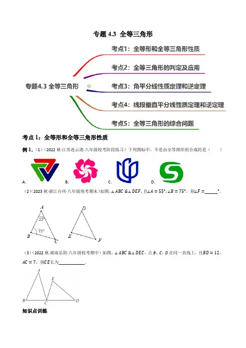 全等三角形知识点演练(5大核心考点,91题)讲练)2023年中考数学一轮大单元复习