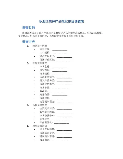 各地区某种产品批发市场调查表