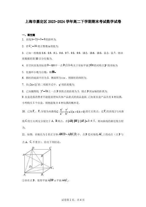 上海市嘉定区2023-2024学年高二下学期期末考试数学试卷