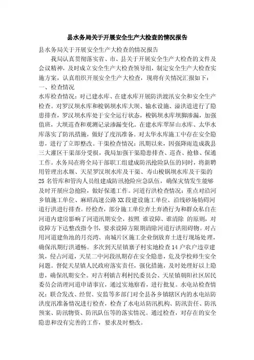 县水务局关于开展安全生产大检查的情况报告（精简篇）