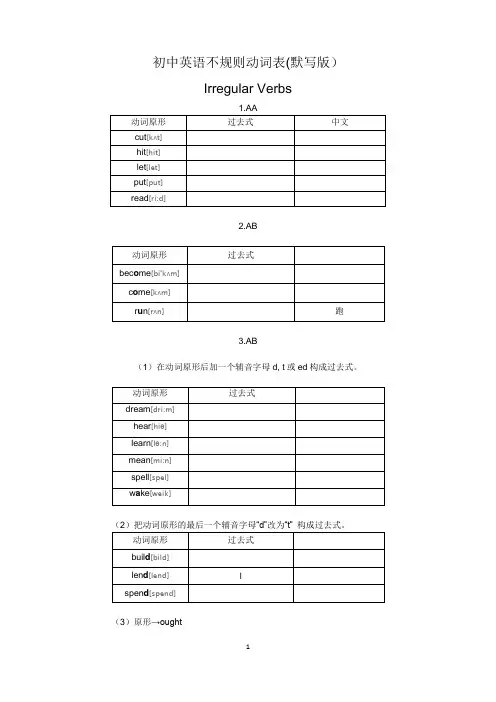 初中英语不规则动词表默写版 (精简版,适合初一年级)