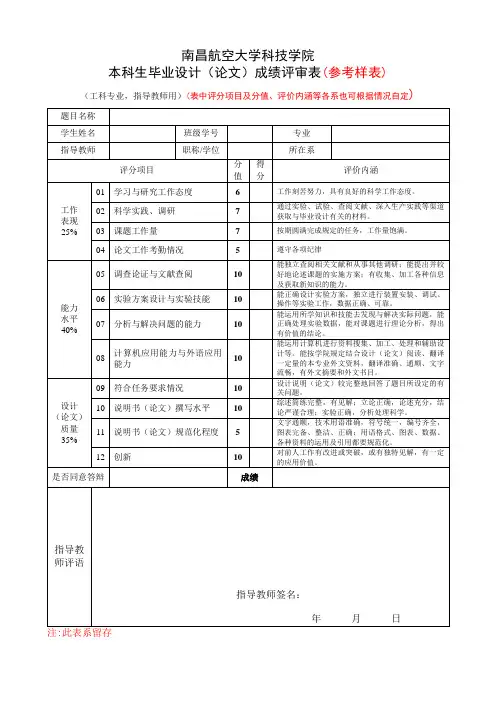 毕业设计(论文)成绩评定和评语(工科)