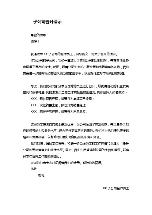 子公司晋升请示