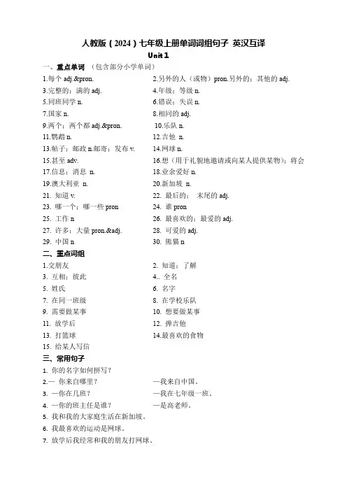 七年级上册Unit1重点单词词组句子