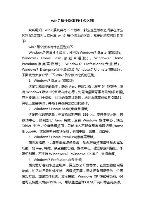 win7每个版本有什么区别