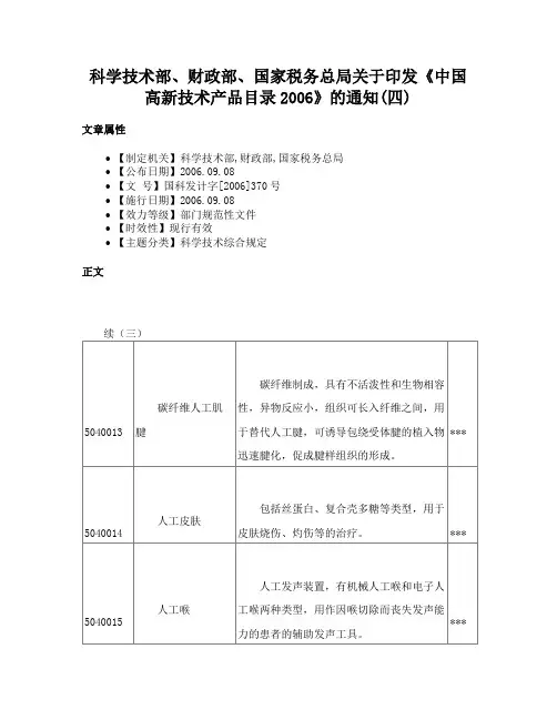 科学技术部、财政部、国家税务总局关于印发《中国高新技术产品目录2006》的通知(四)