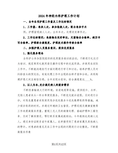 2024年神经内科护理工作计划(五篇)