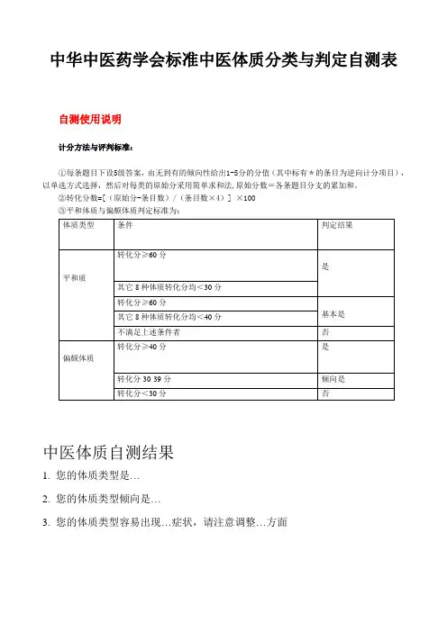 中华中医药学会标准中医体质分类与判定自测表