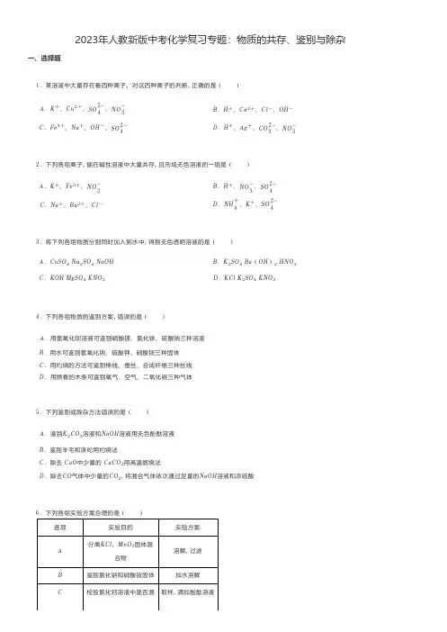 初中化学 2023年人教新版中考化学复习专题：物质的共存、鉴别与除杂
