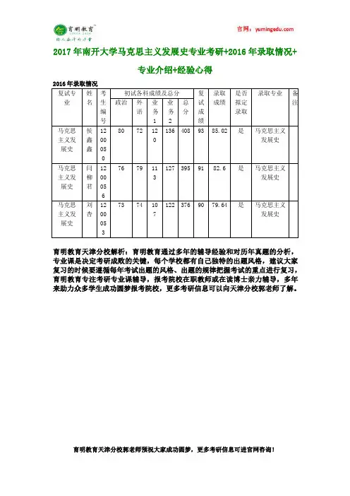 2017年南开大学马克思主义发展史专业考研+2016年录取情况+专业介绍+经验心得