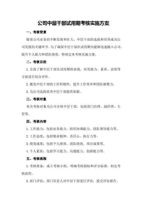 公司中层干部试用期考核实施方案