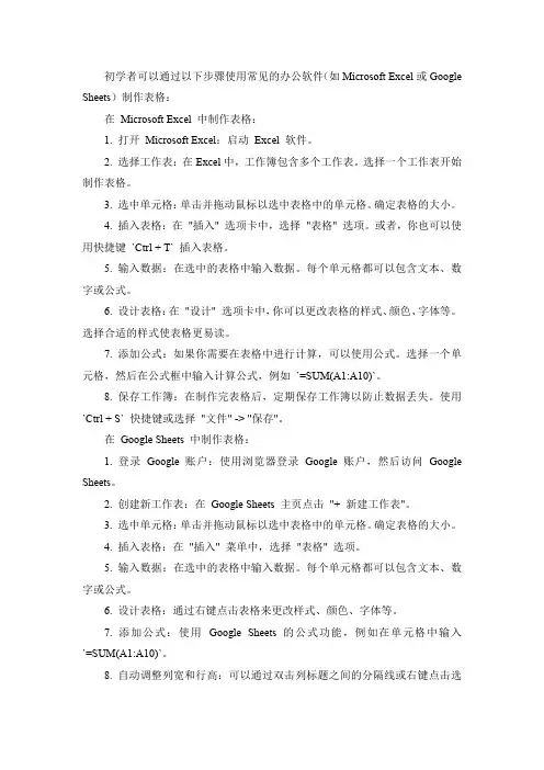初学者制作表格的步骤