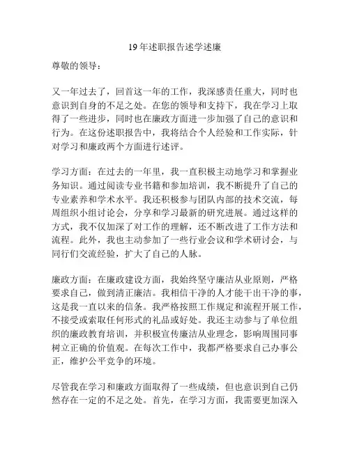 19年述职报告述学述廉