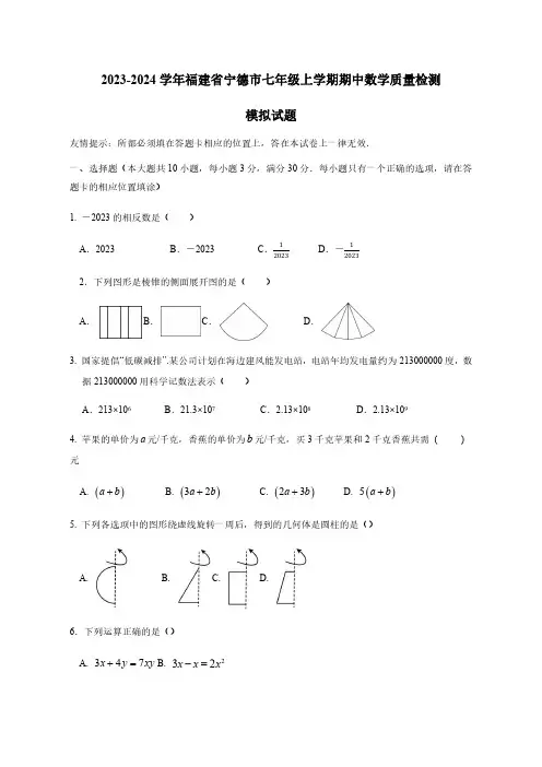 2023-2024学年福建省宁德市七年级上学期期中数学质量检测模拟试题(含解析)