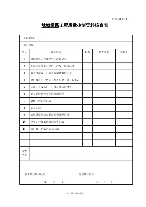 市政工程质量控制资料核查表