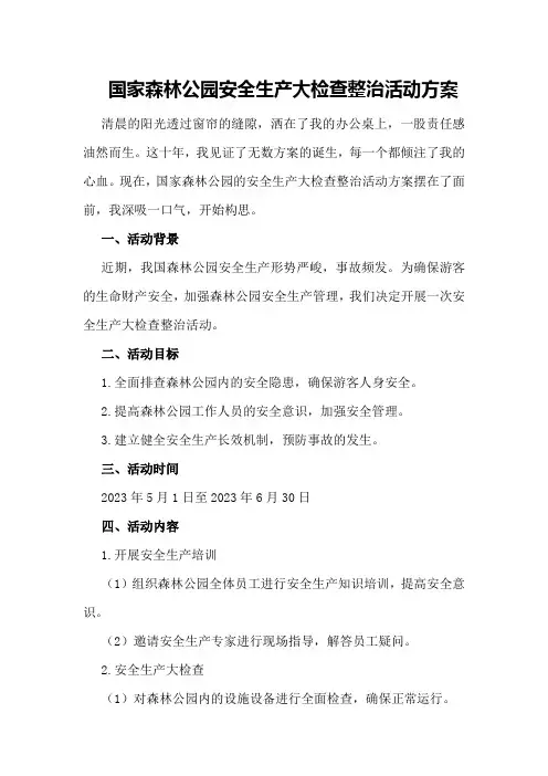国家森林公园安全生产大检查整治活动方案