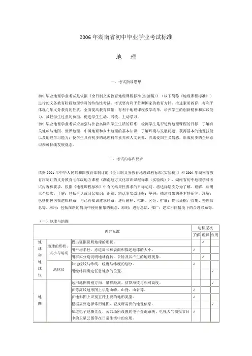 2006年湖南省初中毕业学业考试标准