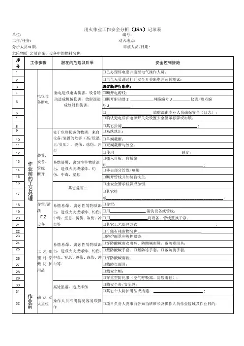 用火作业工作安全分析(JSA)记录表
