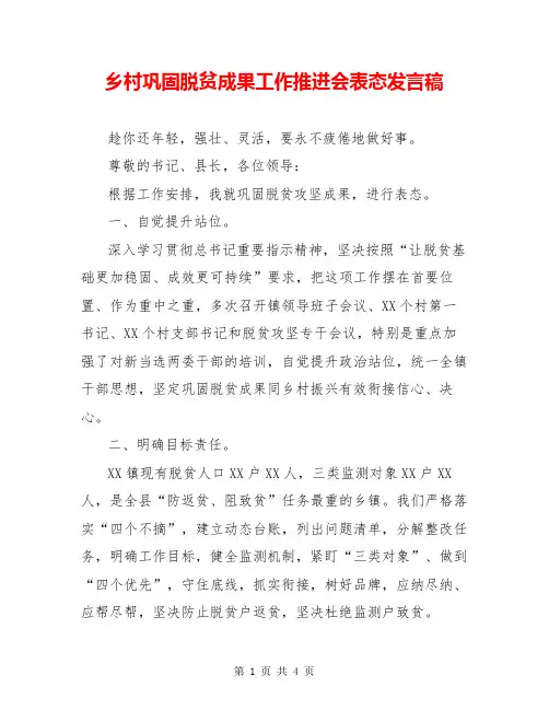 乡村巩固脱贫成果工作推进会表态发言稿