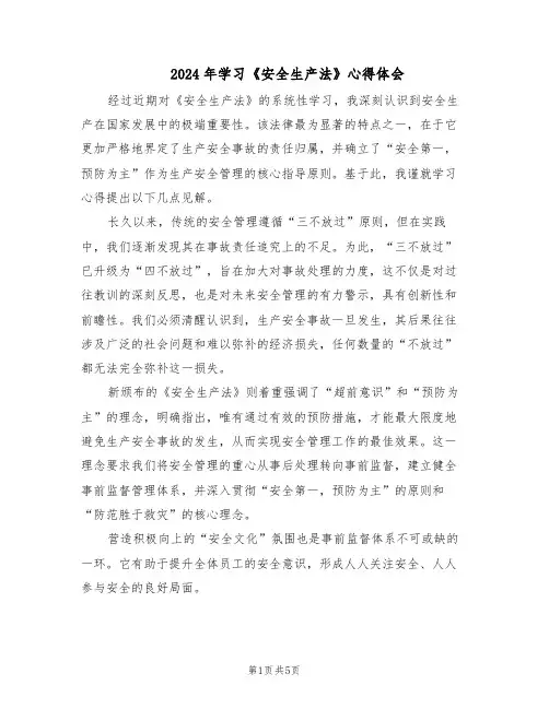 2024年学习《安全生产法》心得体会（三篇）