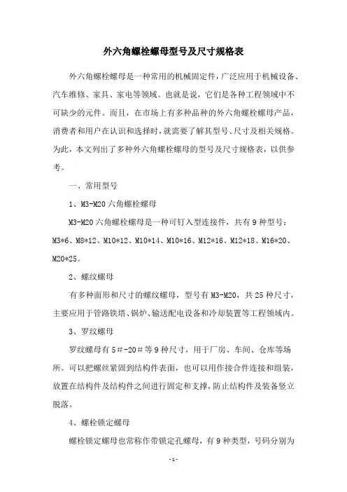 外六角螺栓螺母型号及尺寸规格表