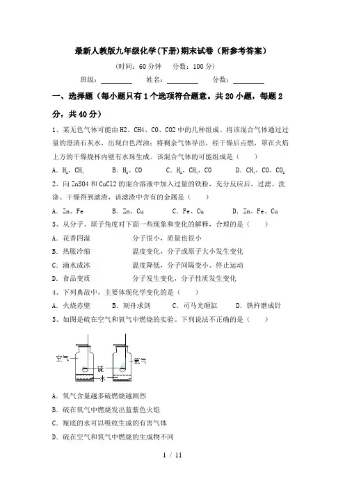 最新人教版九年级化学(下册)期末试卷(附参考答案)